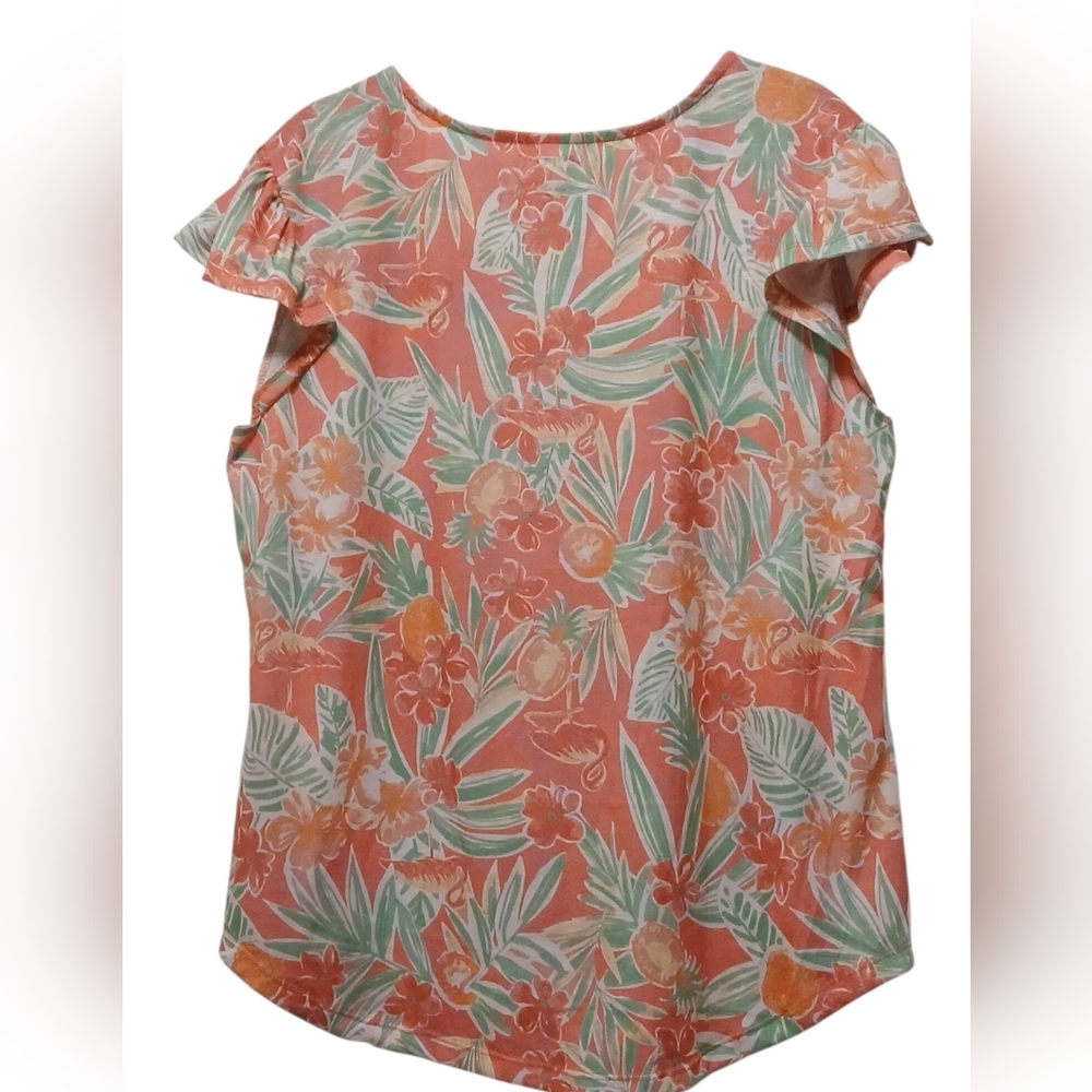Casey Key - NWOT, Multi Colored Floral Blouse, Flutter Sleeves, V-Neck, Stretch, - Picture 7 of 7
